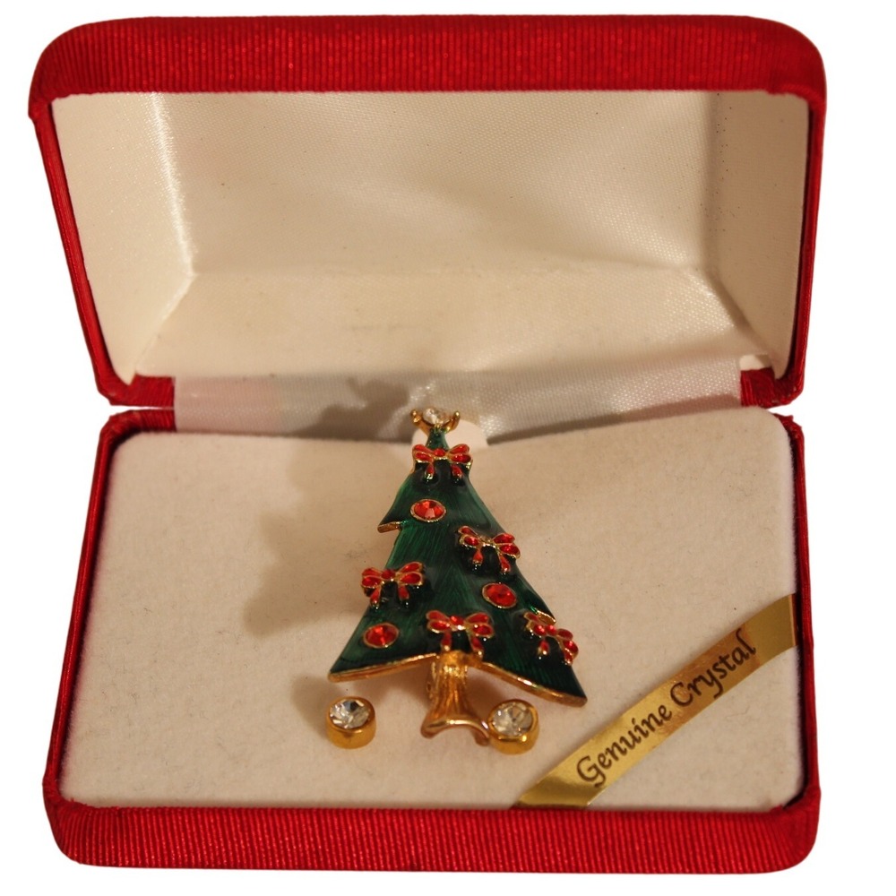Vtg Xmas Tree Pin Brooch Enamel Green Red Crystals w/Gold Tone Post Earring set